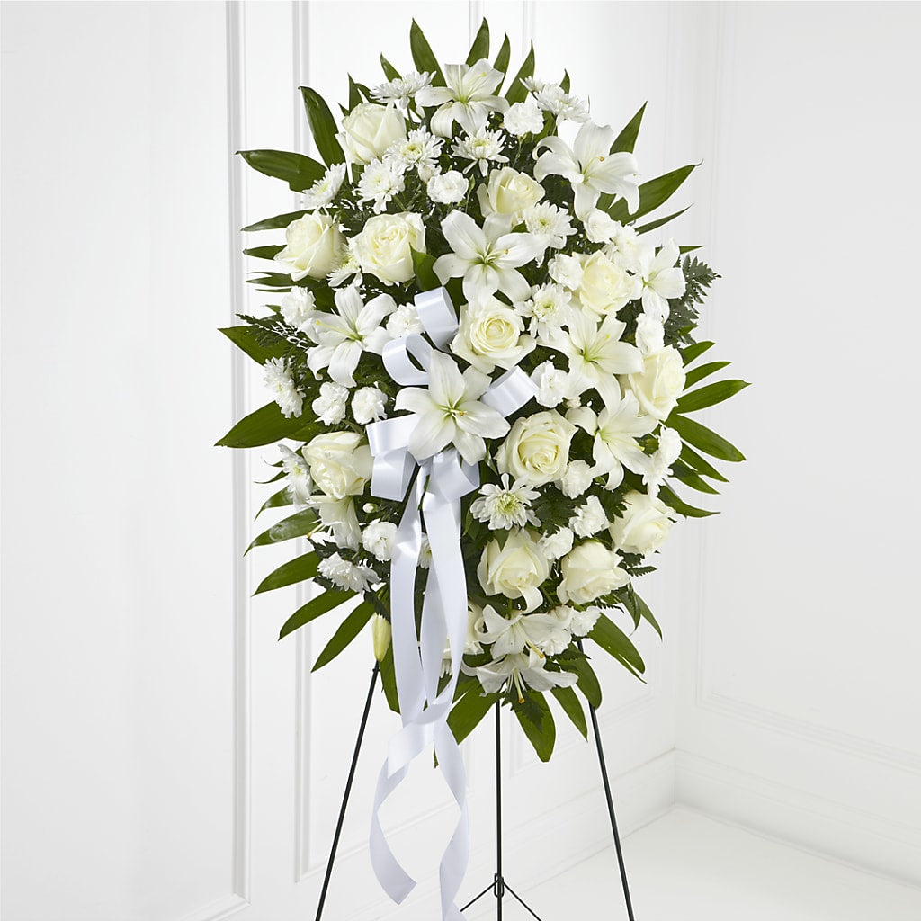 Exquisite Tribute Standing Spray-White Ribbon – The Flower Company, Kamloops BC